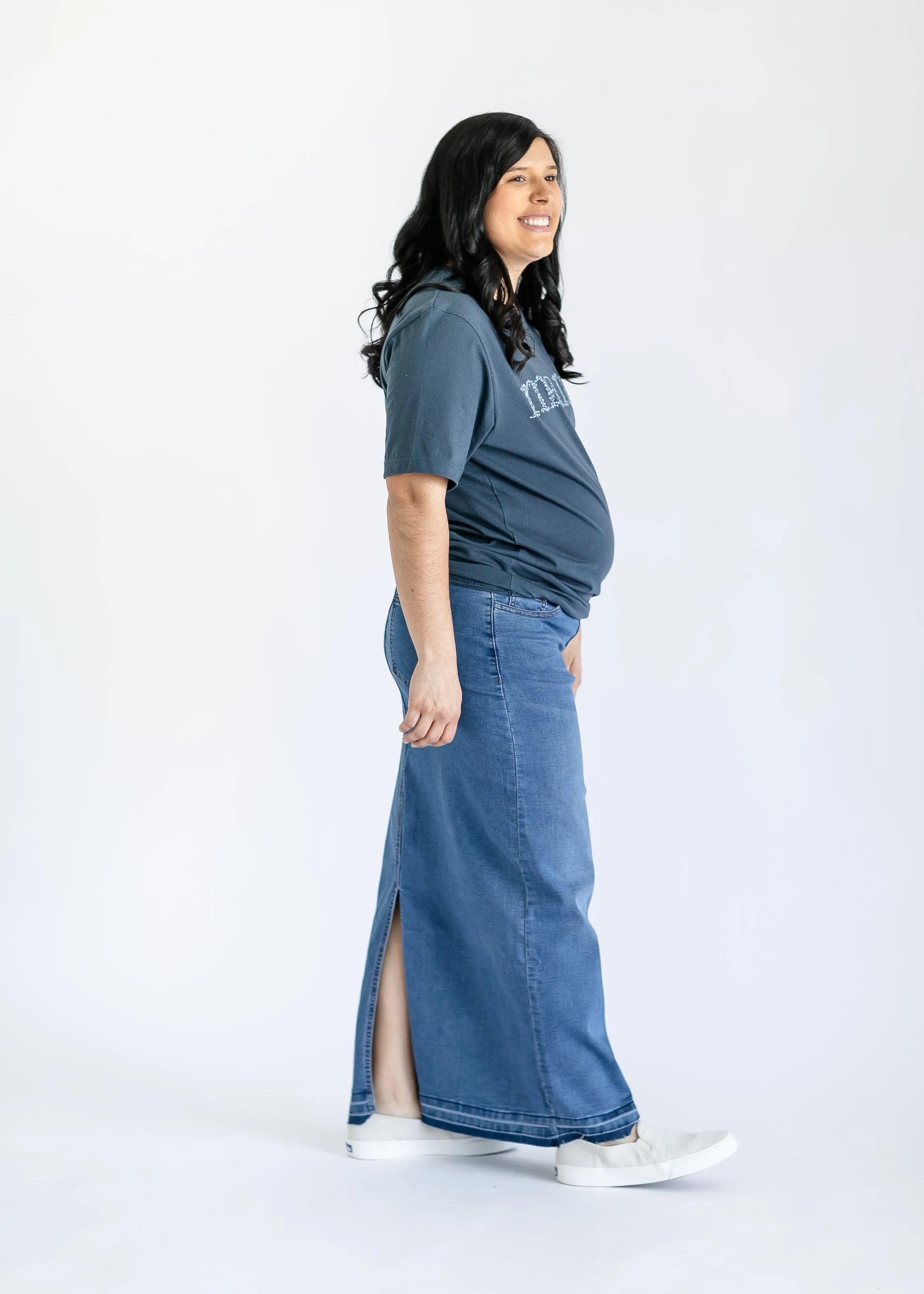 Morgan Maternity Distressed Raw Hem Long Denim Skirt - FINAL SALE