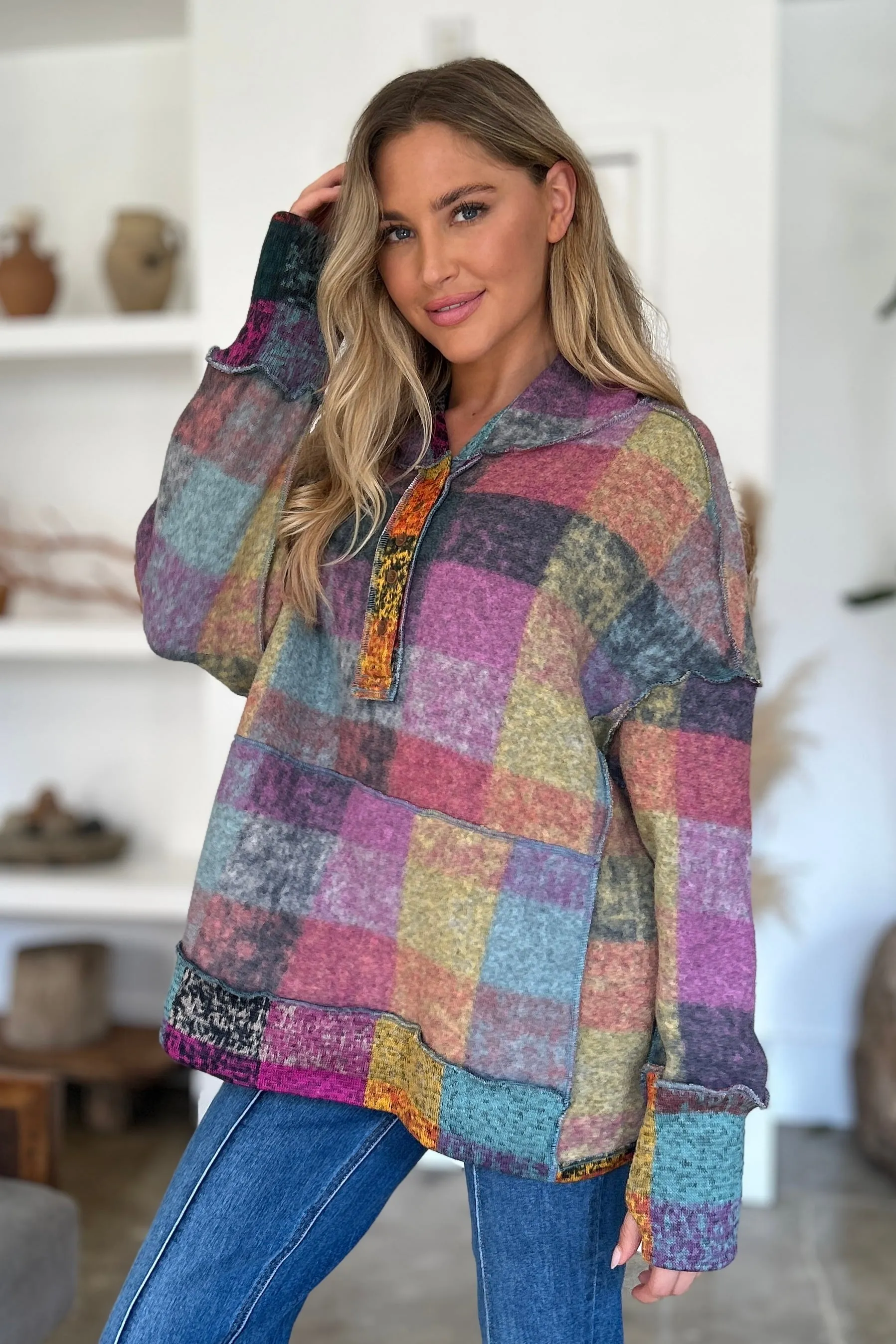 Multicolor Plaid Dropped Shoulder Hoodie