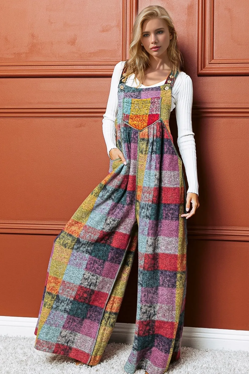 Multicolor Plaid Sleeveless Wide Leg Jumpsuit