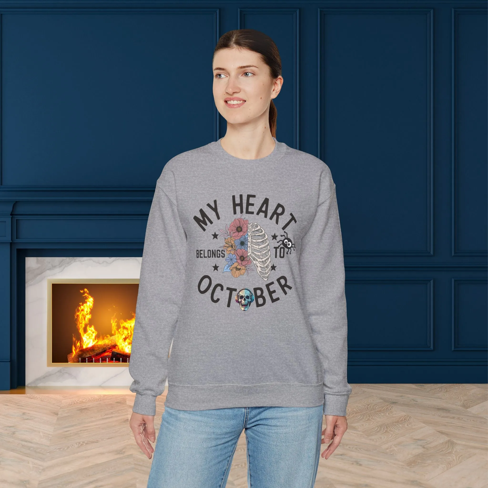 My Heart Belongs To October Halloween Sweatshirt, Happy Halloween Sweatshirt - Unisex Heavy Blend Crewneck, Halloween Sweatshirt, Cute Spooky Ghost sweatshirt.