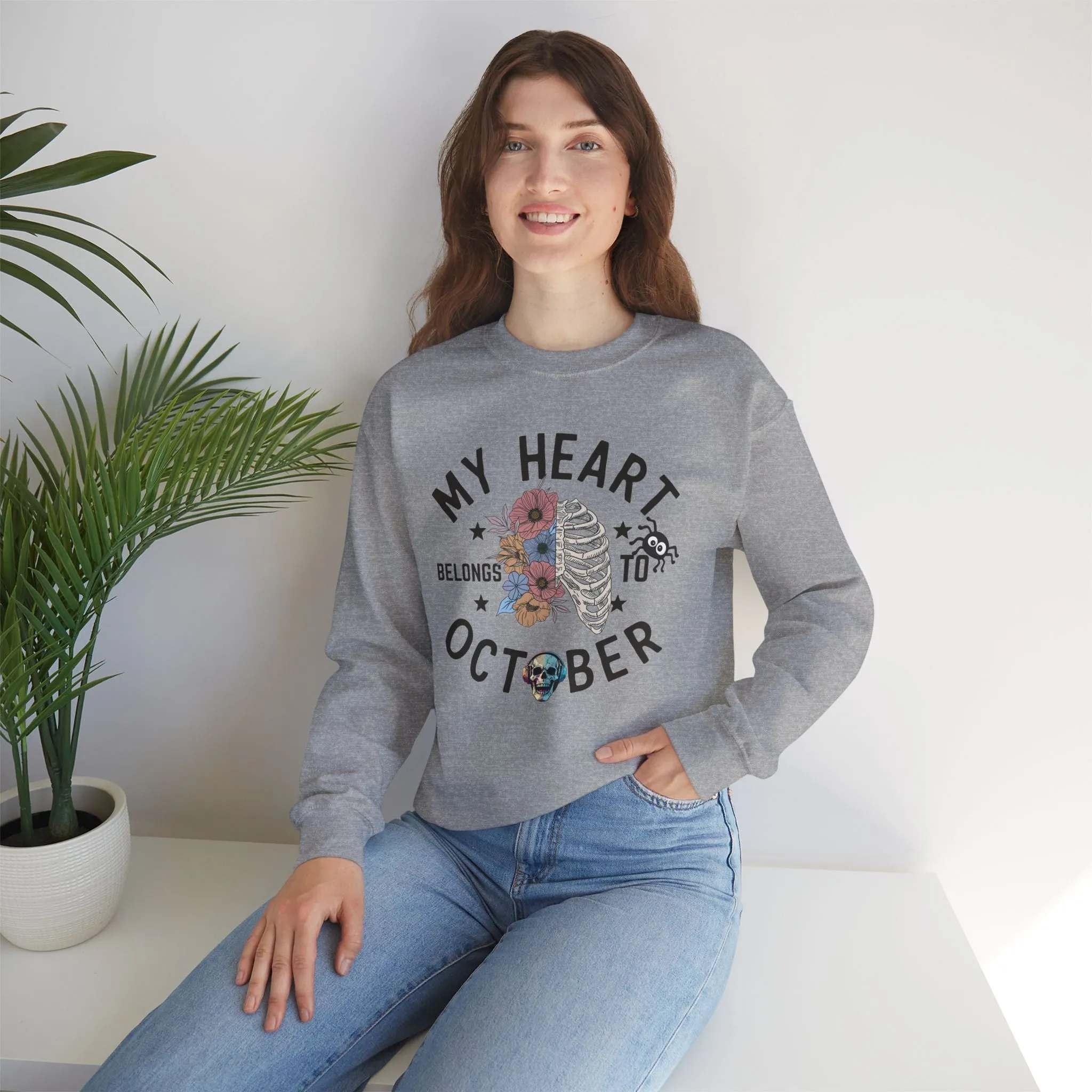 My Heart Belongs To October Halloween Sweatshirt, Happy Halloween Sweatshirt - Unisex Heavy Blend Crewneck, Halloween Sweatshirt, Cute Spooky Ghost sweatshirt.