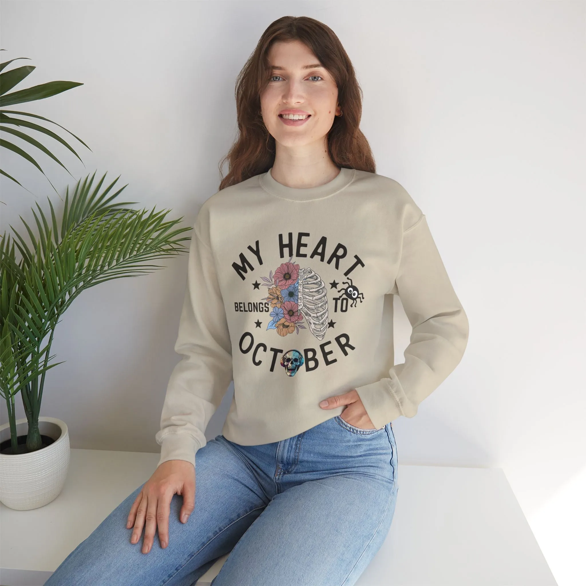 My Heart Belongs To October Halloween Sweatshirt, Happy Halloween Sweatshirt - Unisex Heavy Blend Crewneck, Halloween Sweatshirt, Cute Spooky Ghost sweatshirt.