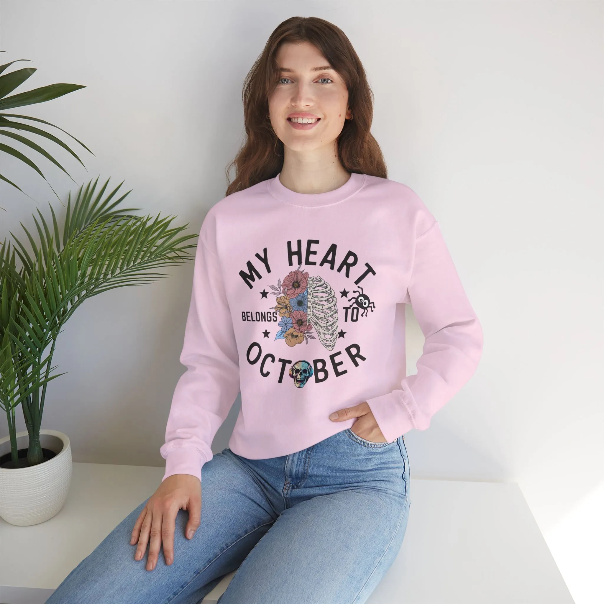 My Heart Belongs To October Halloween Sweatshirt, Happy Halloween Sweatshirt - Unisex Heavy Blend Crewneck, Halloween Sweatshirt, Cute Spooky Ghost sweatshirt.