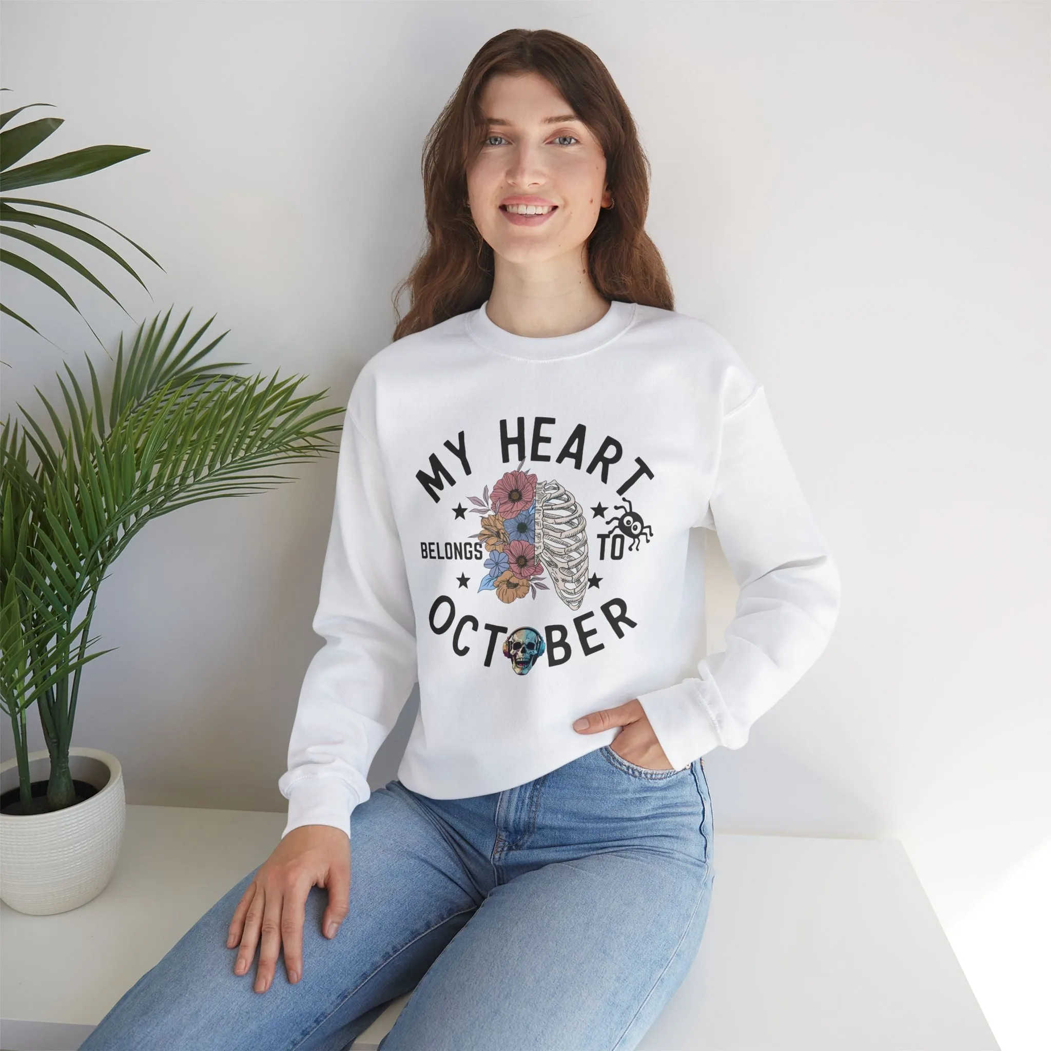 My Heart Belongs To October Halloween Sweatshirt, Happy Halloween Sweatshirt - Unisex Heavy Blend Crewneck, Halloween Sweatshirt, Cute Spooky Ghost sweatshirt.