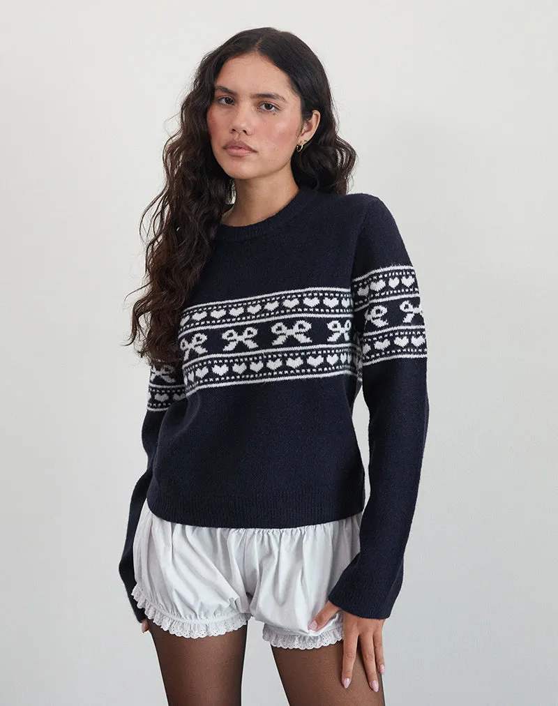 Namirta Knitted Jumper in Peacoat with Fairisle Bow