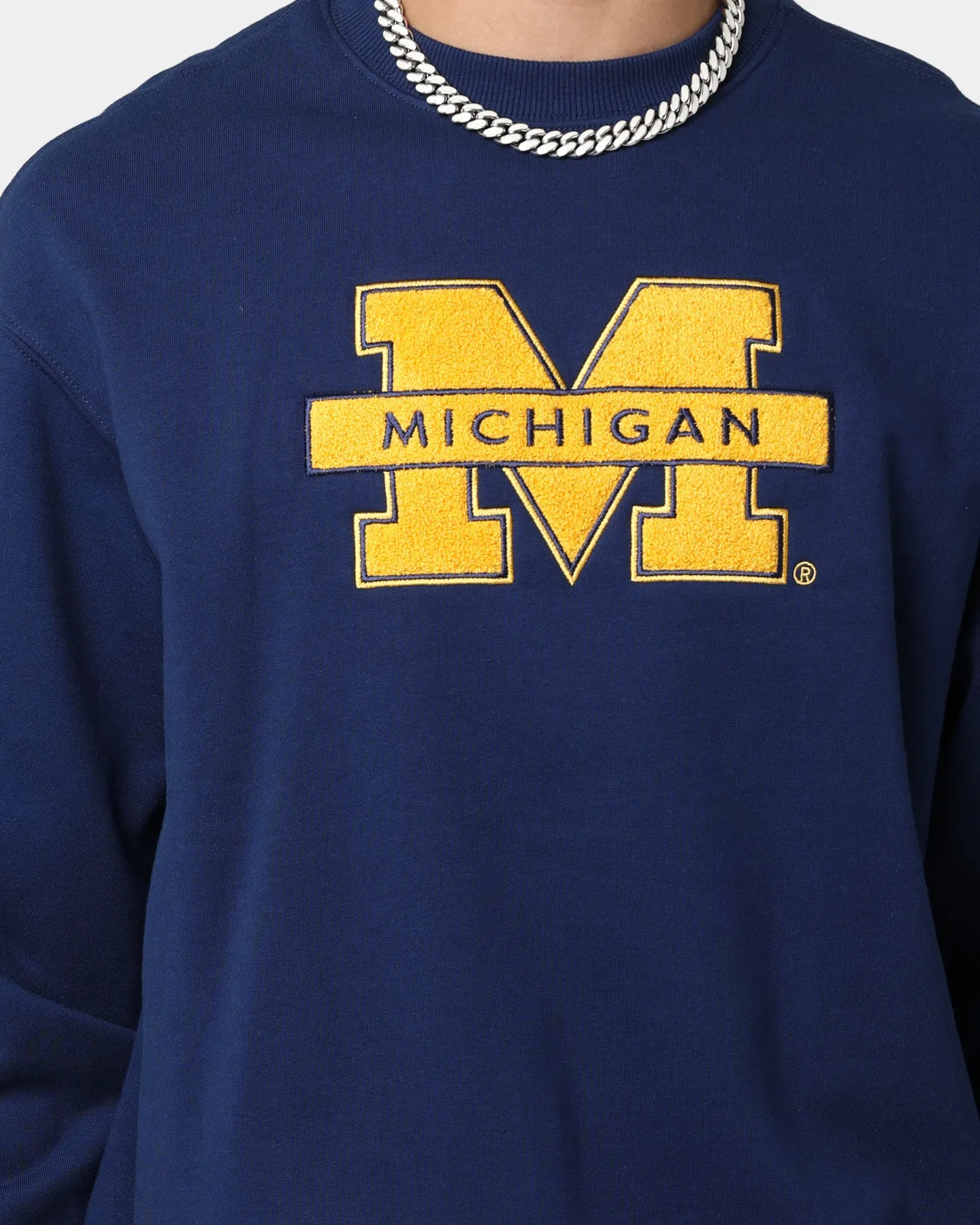 National Collegiate Athletic Association Michigan Wolverines Team Logo Chenille Crewneck Navy