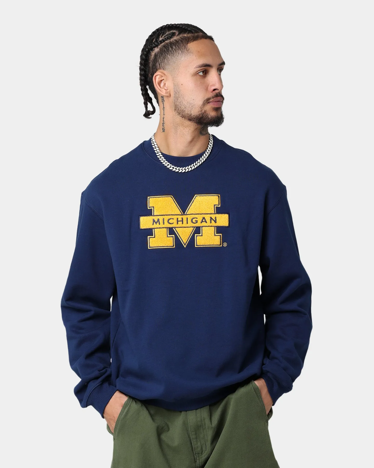 National Collegiate Athletic Association Michigan Wolverines Team Logo Chenille Crewneck Navy