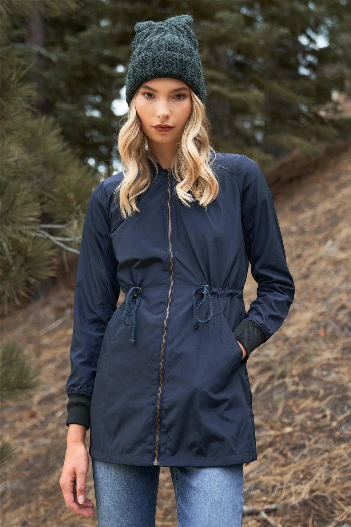 Navy Drawstring Trim Zip-Up Fitted Coach Rain Jacket /1-2-1