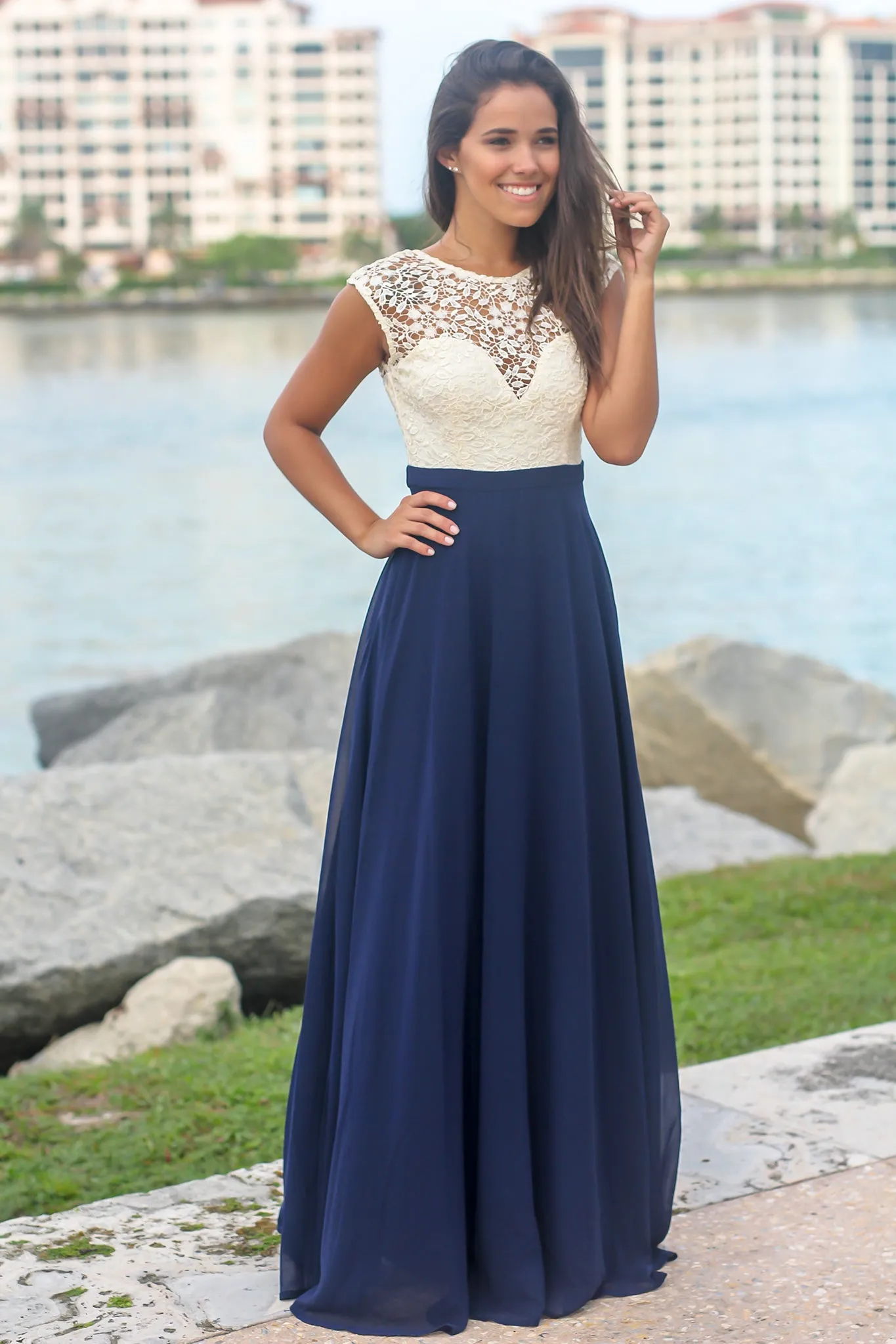 Navy Maxi Dress with Ivory Crochet Top