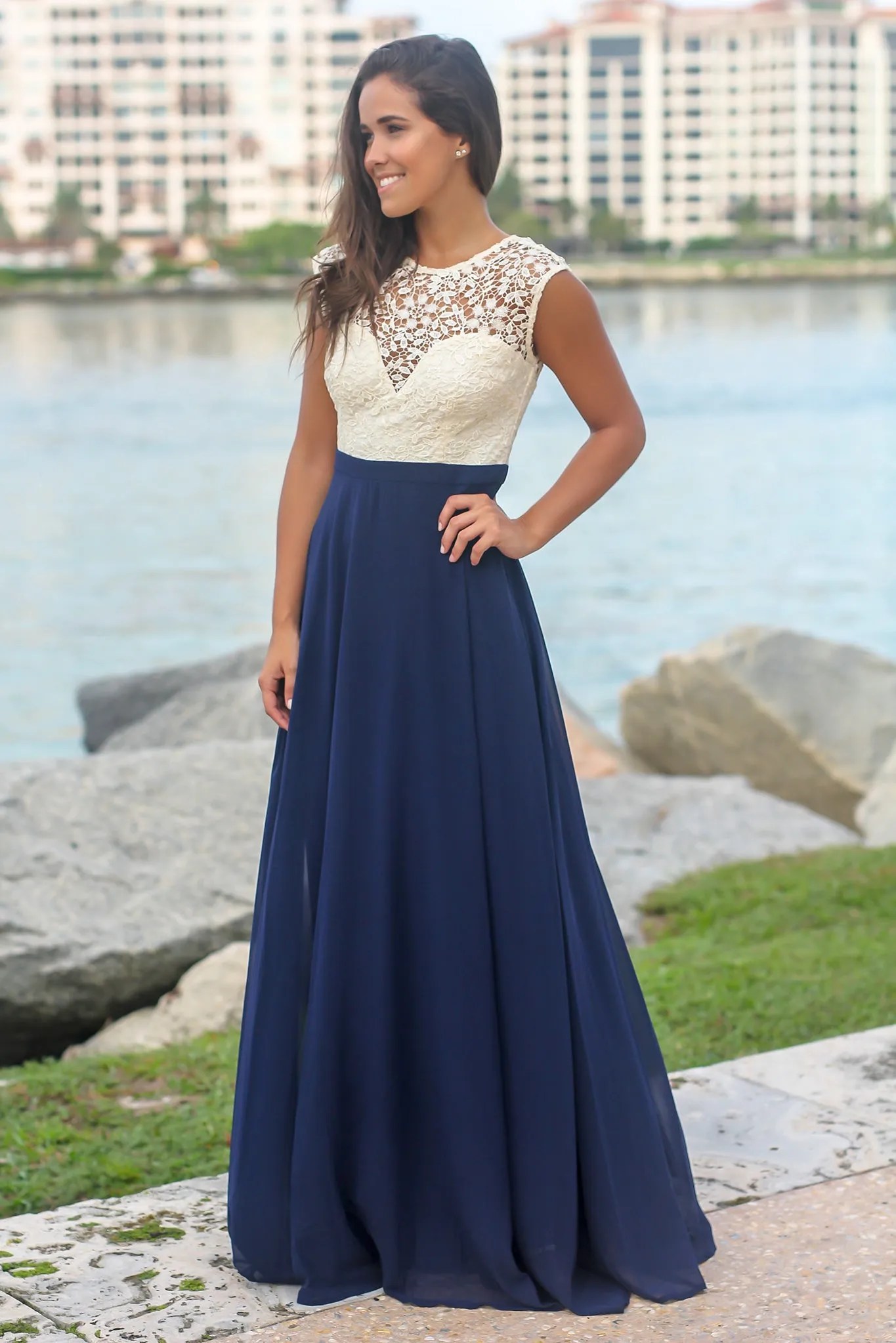 Navy Maxi Dress with Ivory Crochet Top