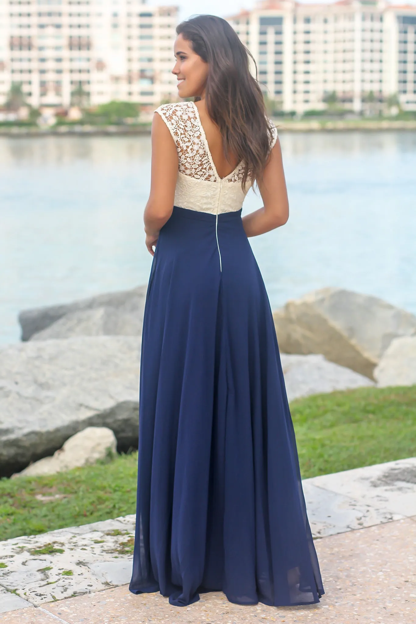 Navy Maxi Dress with Ivory Crochet Top