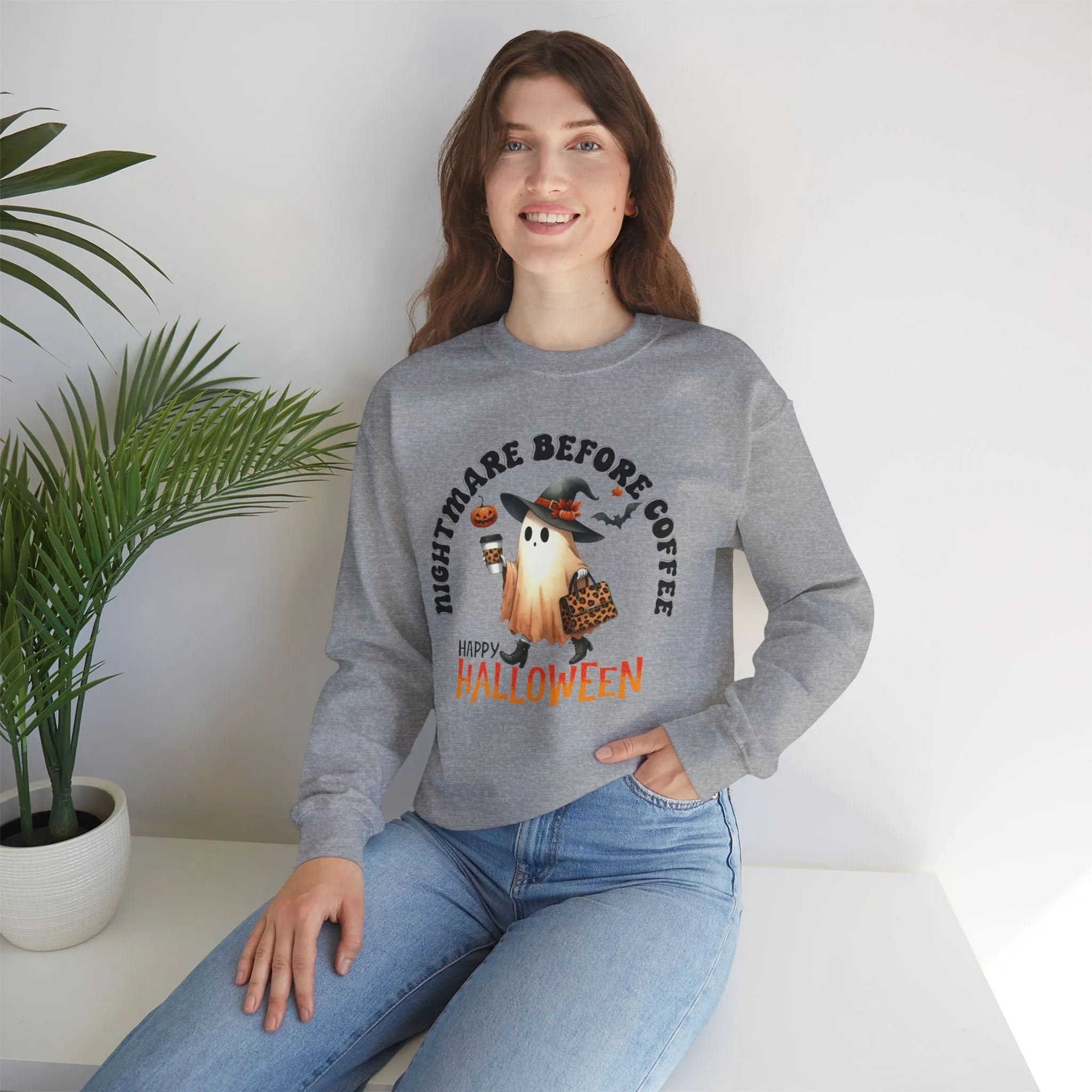 Nightmare Before coffee Happy Halloween Sweatshirt, Happy Halloween Sweatshirt - Unisex Heavy Blend Crewneck, Halloween Sweatshirt, Cute Spooky Ghost sweatshirt.