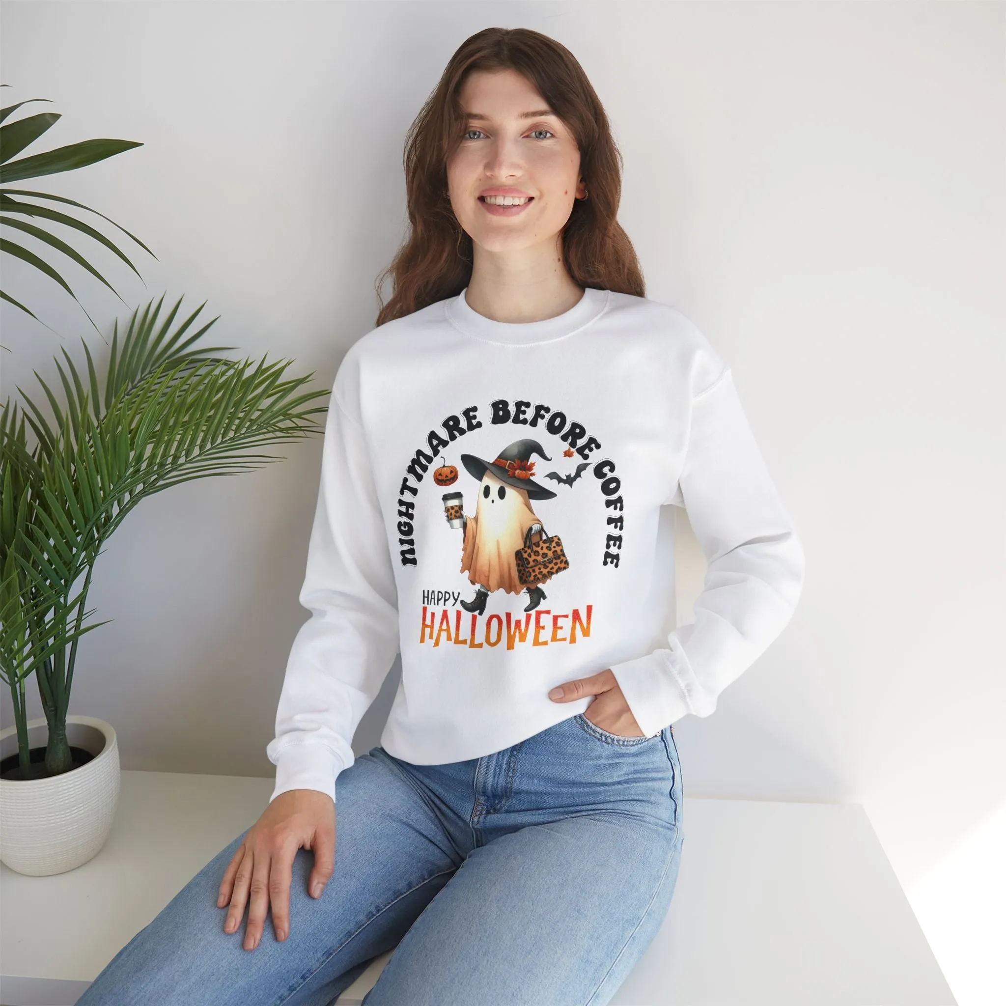 Nightmare Before coffee Happy Halloween Sweatshirt, Happy Halloween Sweatshirt - Unisex Heavy Blend Crewneck, Halloween Sweatshirt, Cute Spooky Ghost sweatshirt.