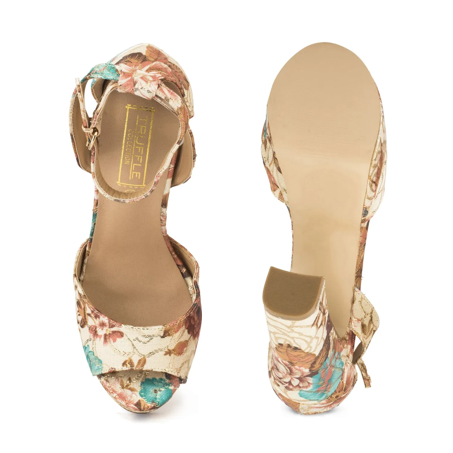 Nude Floral Print Platform Block Heel Sandals