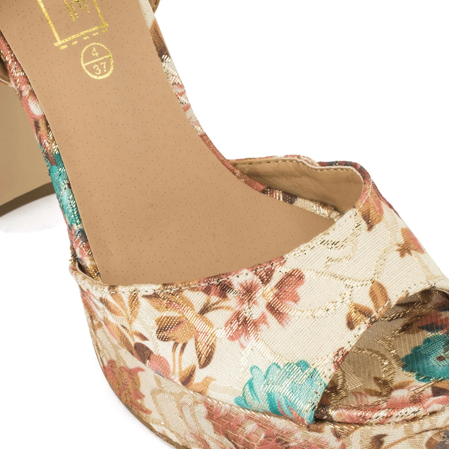 Nude Floral Print Platform Block Heel Sandals