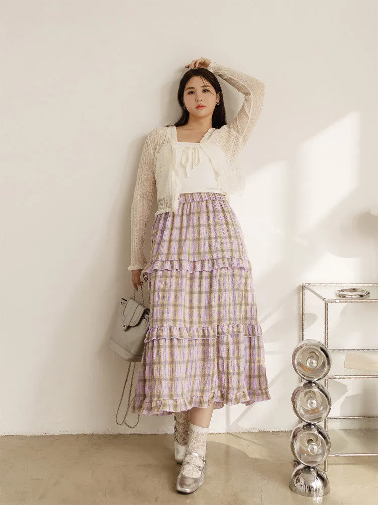 Ob Design Women Casual Long Plaid Ruffle Tiered Maxi Skirt Plus Size