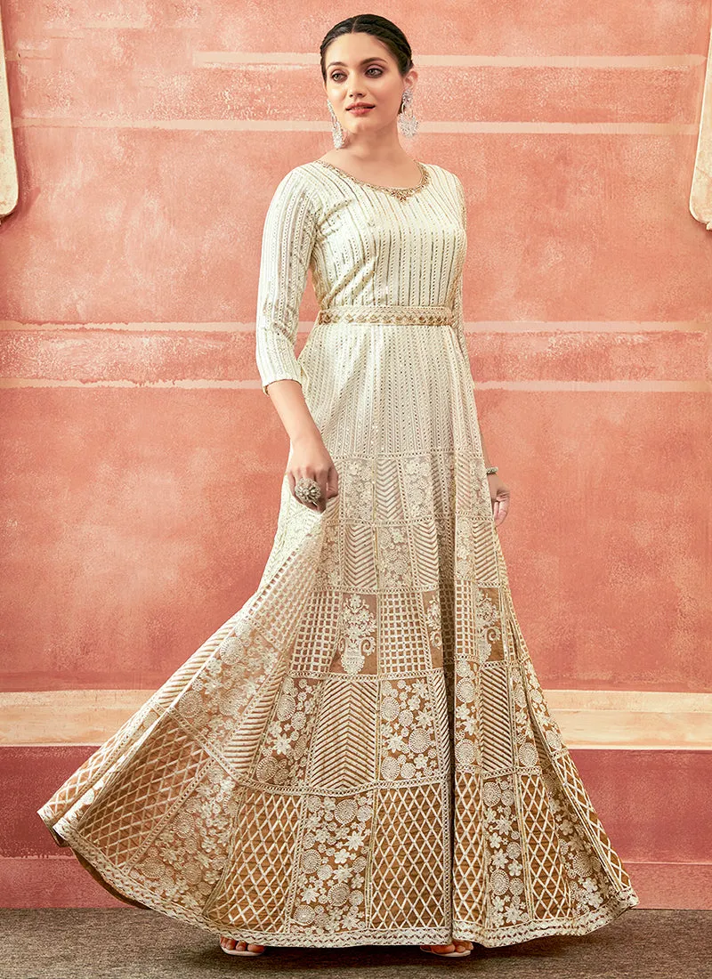 Off White And Peach Designer Embroidery Anarkali Suit