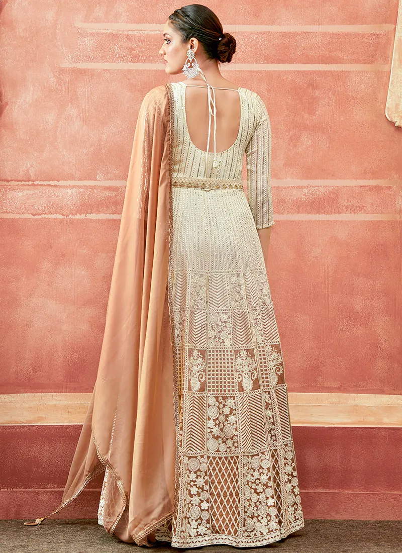 Off White And Peach Designer Embroidery Anarkali Suit