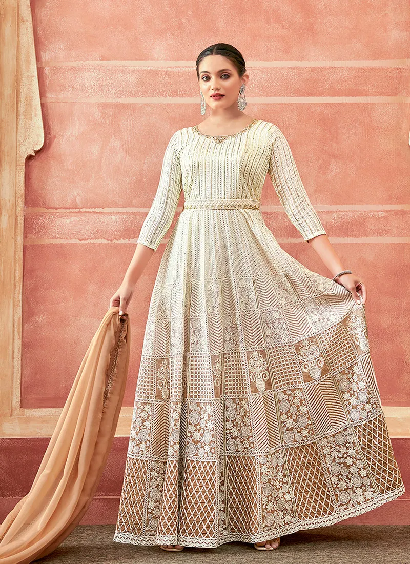 Off White And Peach Designer Embroidery Anarkali Suit