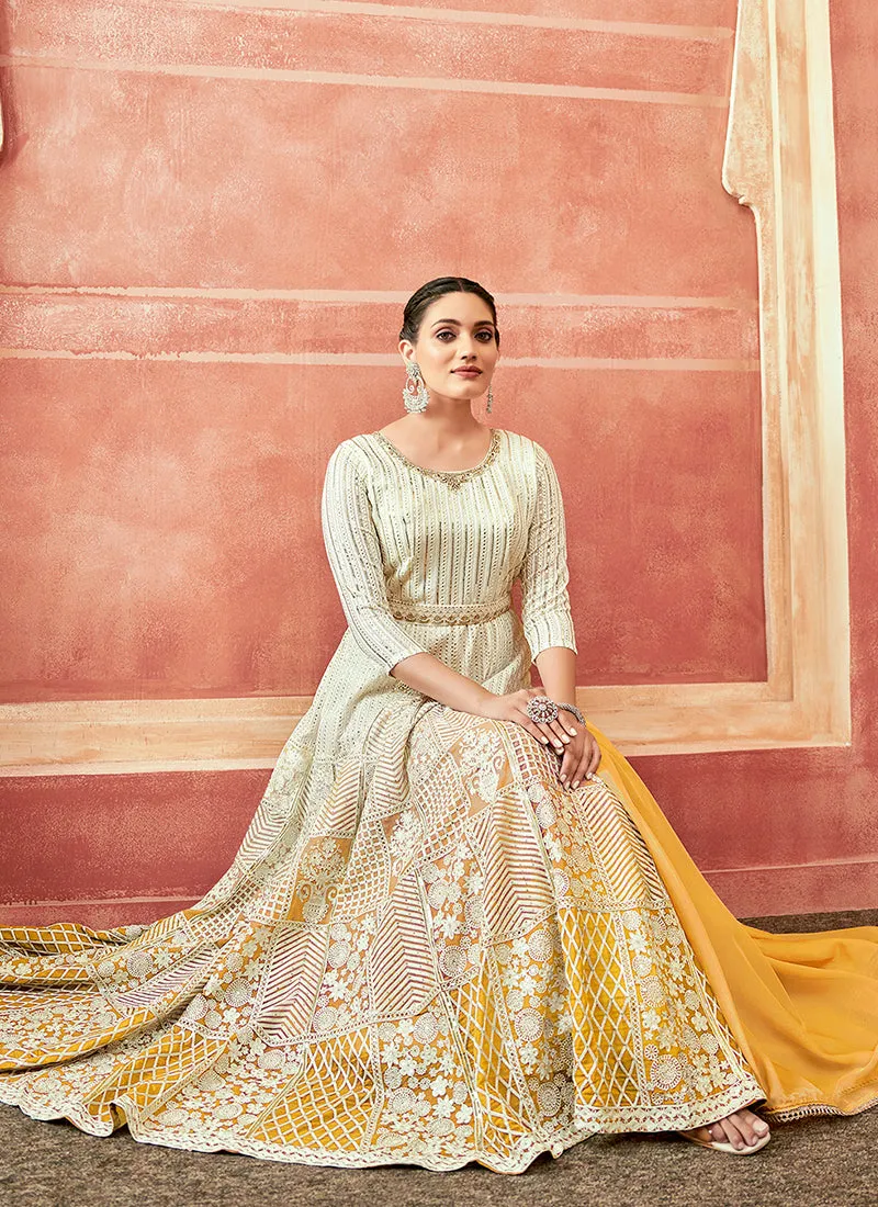 Off White And Yellow Designer Embroidery Anarkali Suit