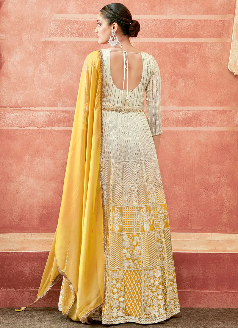 Off White And Yellow Designer Embroidery Anarkali Suit