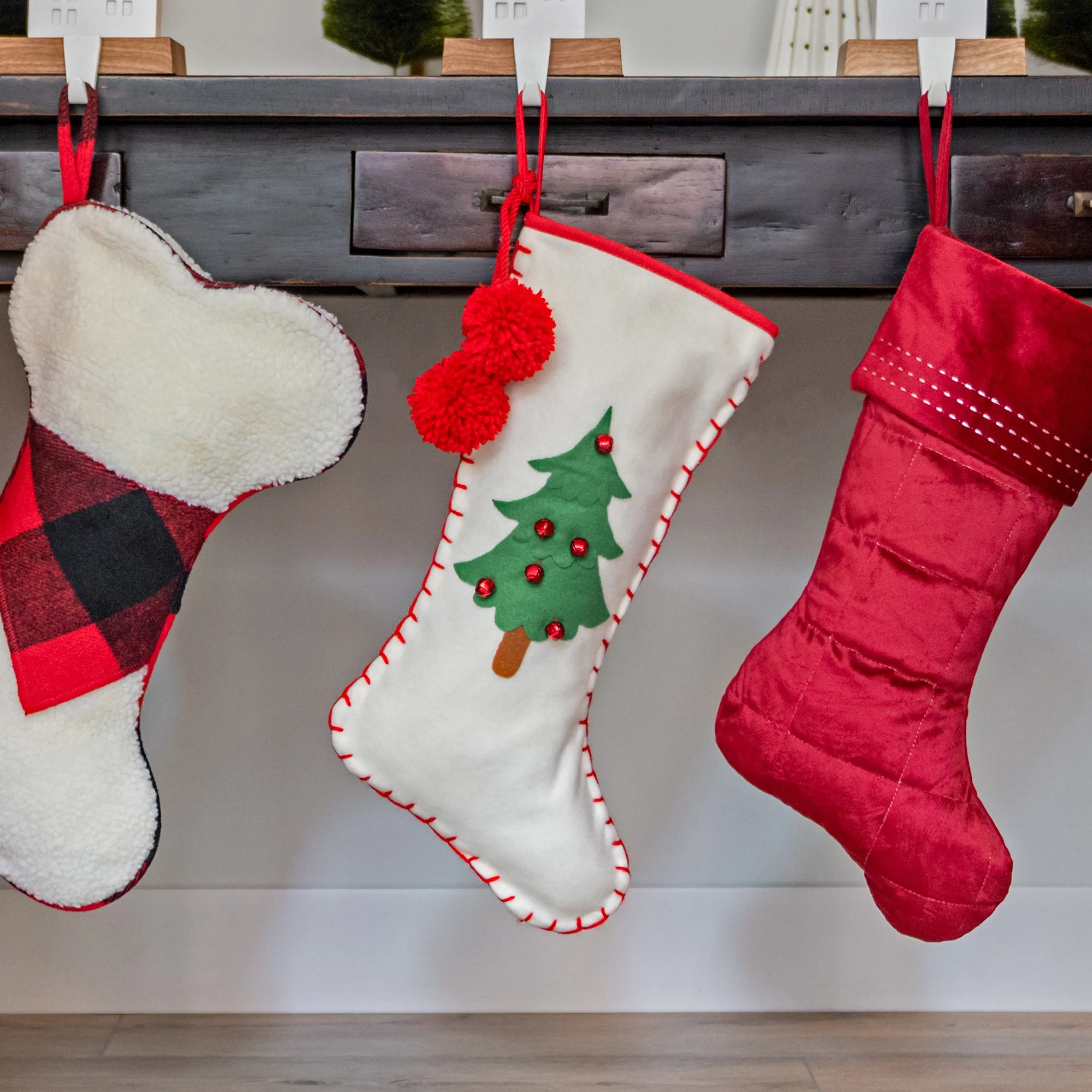 Off-White Christmas Tree Felt Stocking with Jingle Bell Details