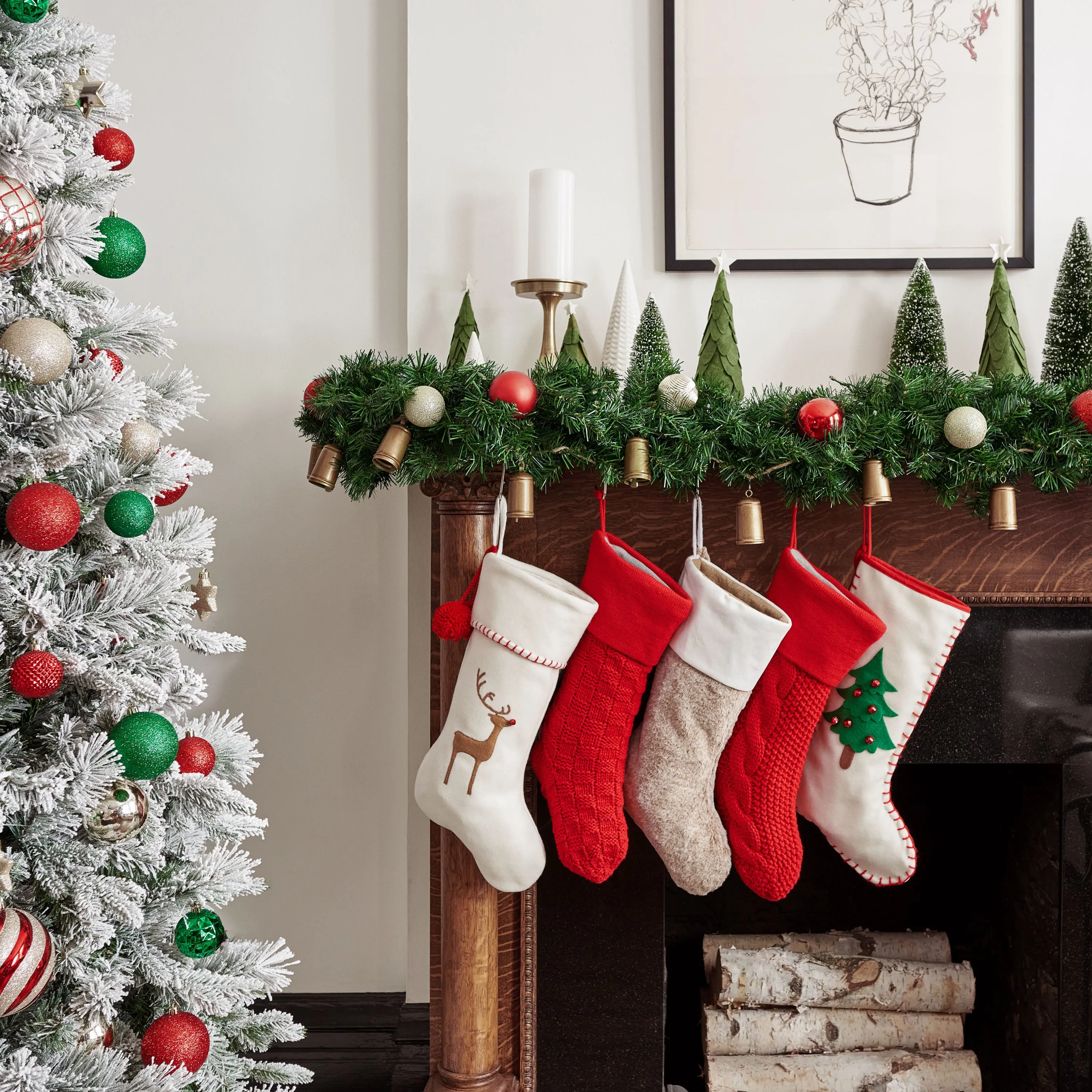 Off-White Christmas Tree Felt Stocking with Jingle Bell Details