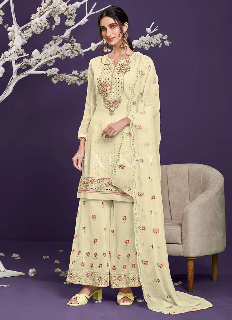 Pastel Yellow Multi Embroidered Designer Palazzo Suit