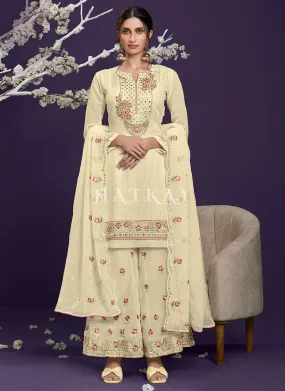 Pastel Yellow Multi Embroidered Designer Palazzo Suit