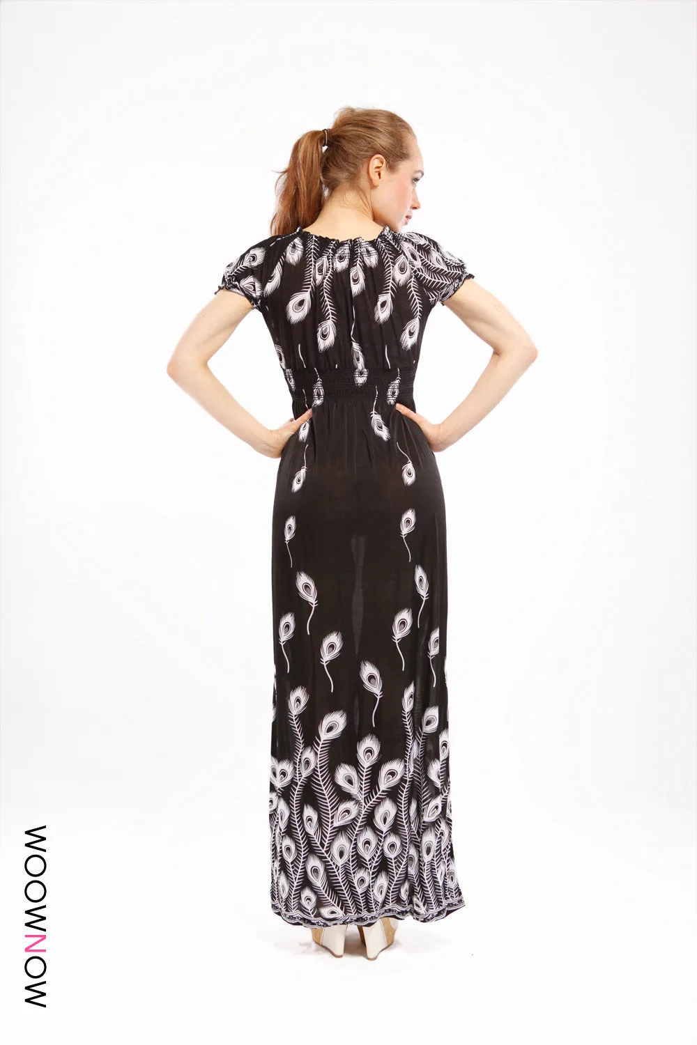 Peacock Black and White Print Maxi Dress