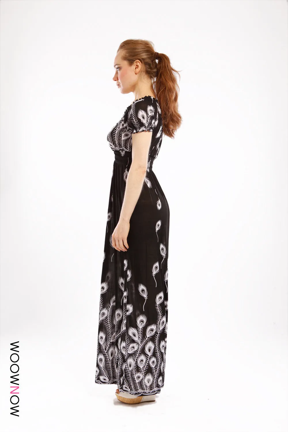 Peacock Black and White Print Maxi Dress