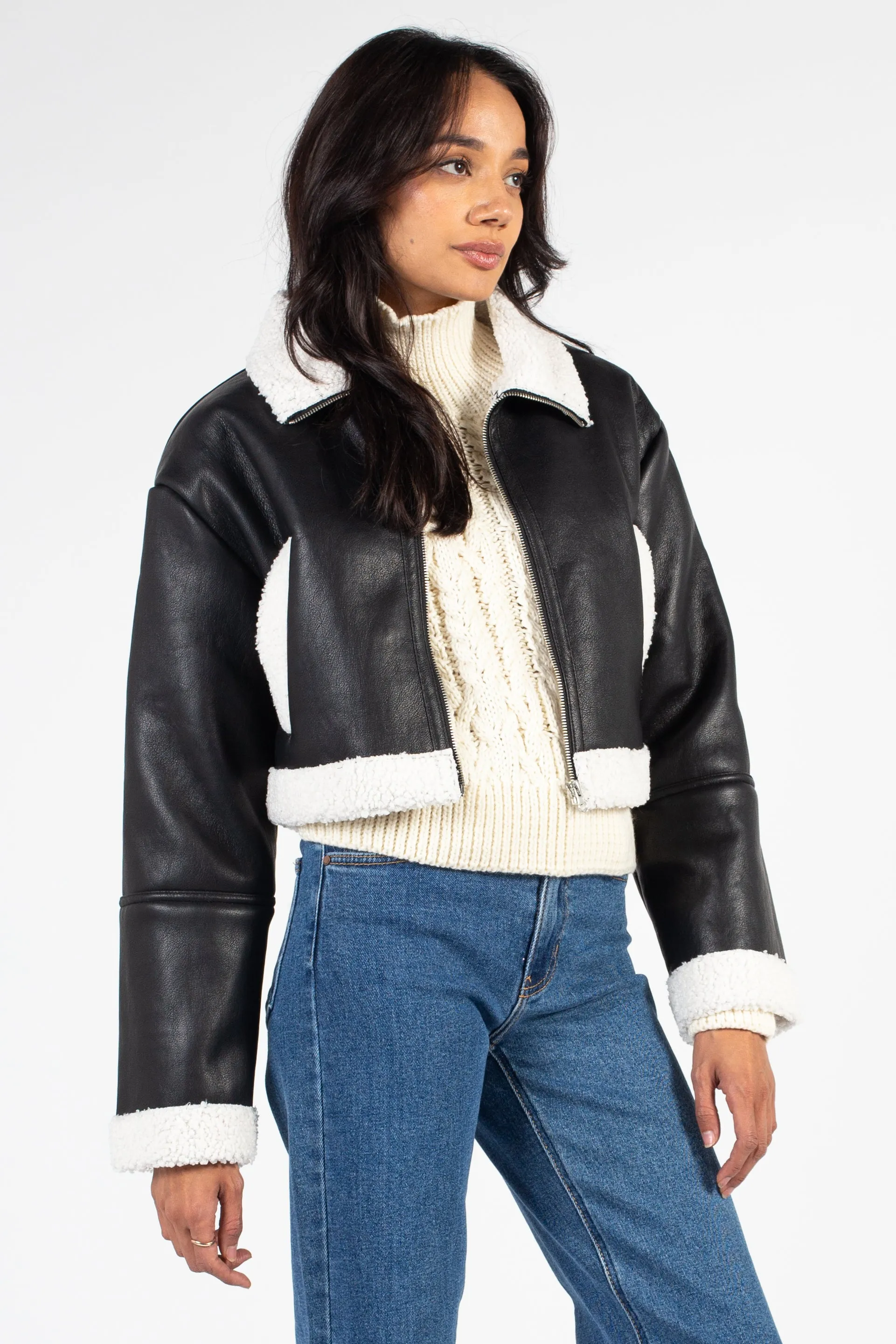 Peggi Sherpa Trim Vegan Leather Jacket