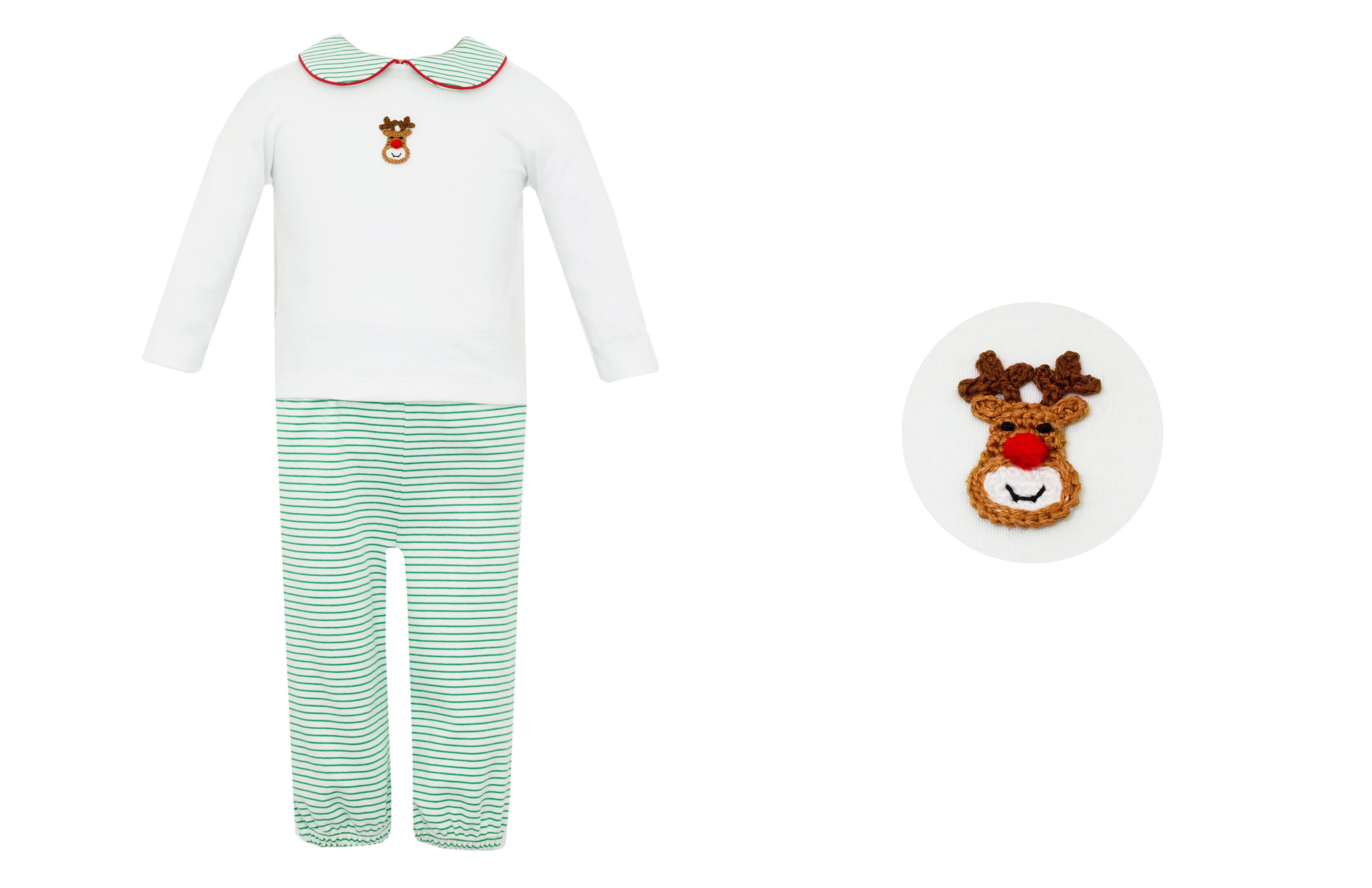 Petit Bebe Reindeer Face Green Stripe Knit Boy's Pant Set W/White Top L/S 483M2-MH24 5111