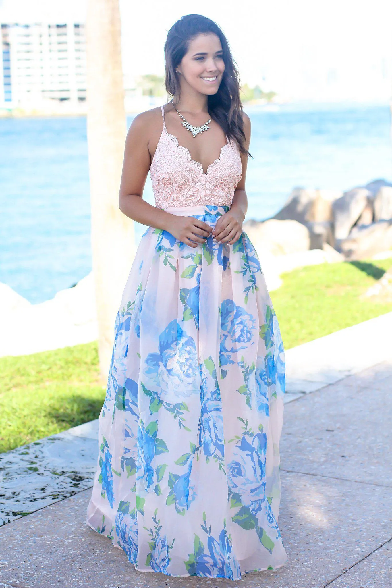 Pink and Blue Floral Maxi Dress with Crochet Top