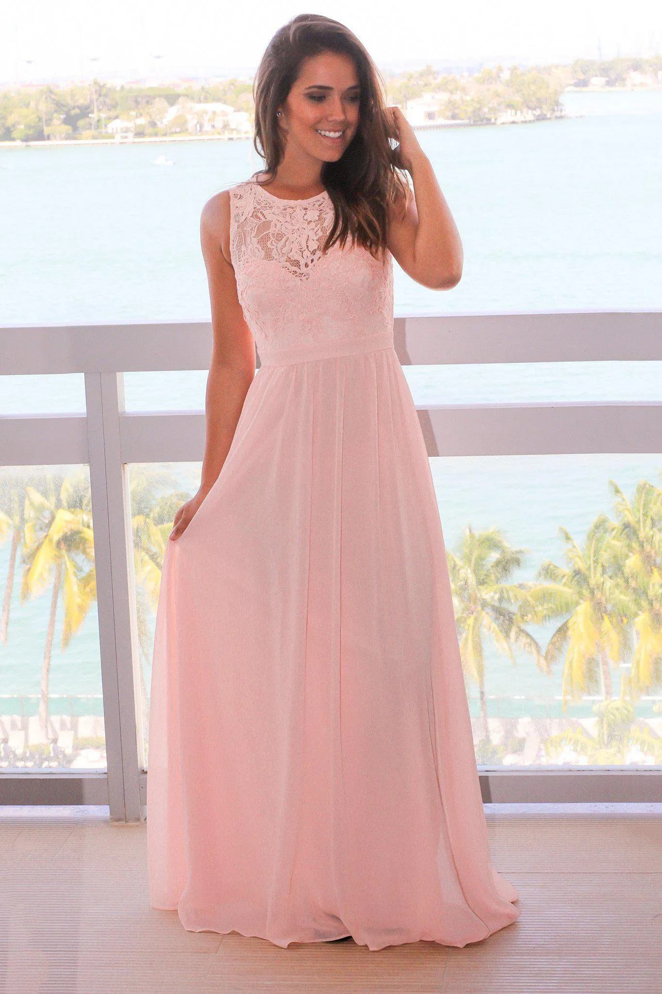 Pink Chiffon Maxi Dress with Lace Top