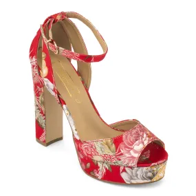 Pink Floral Print Block Heel Sandals