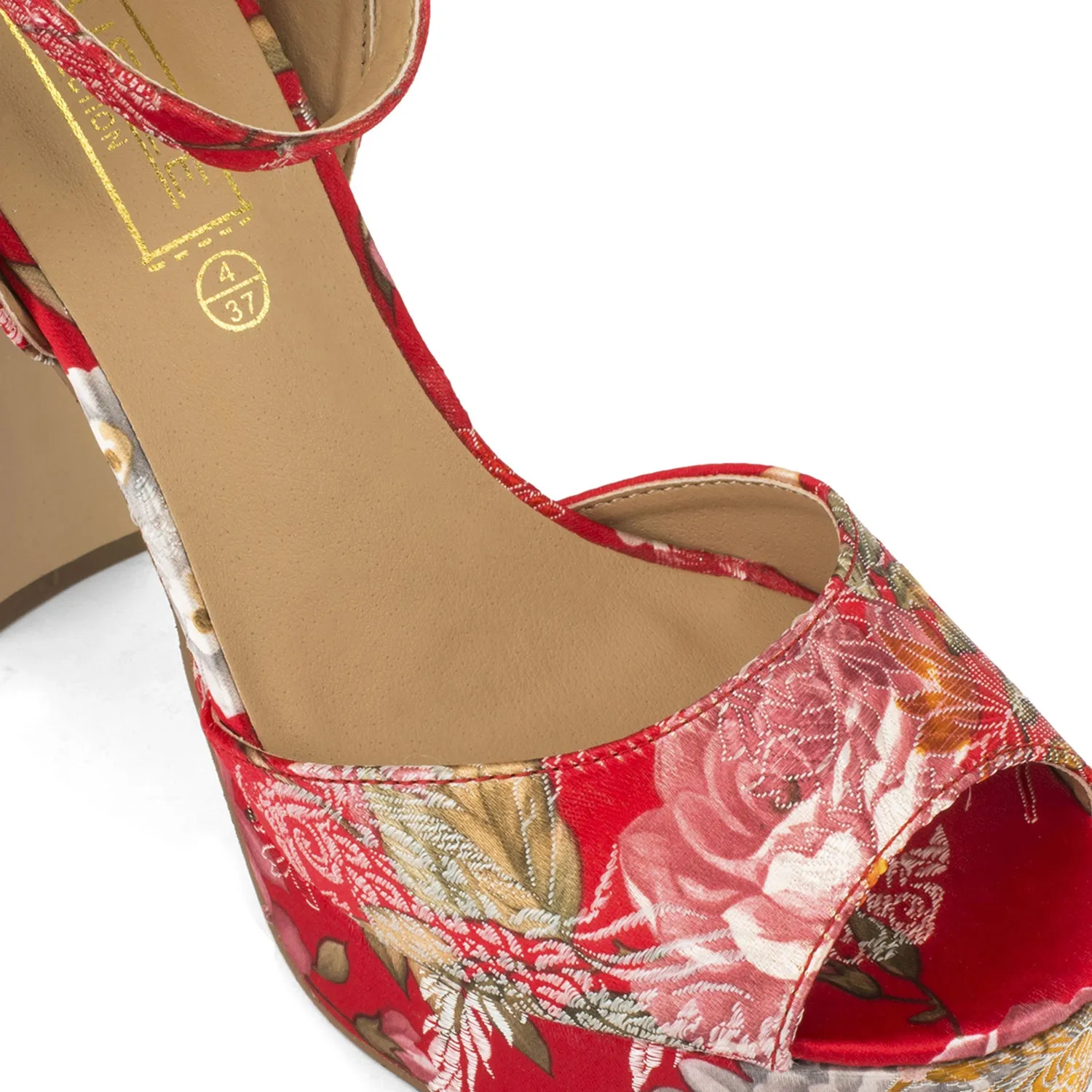 Pink Floral Print Block Heel Sandals