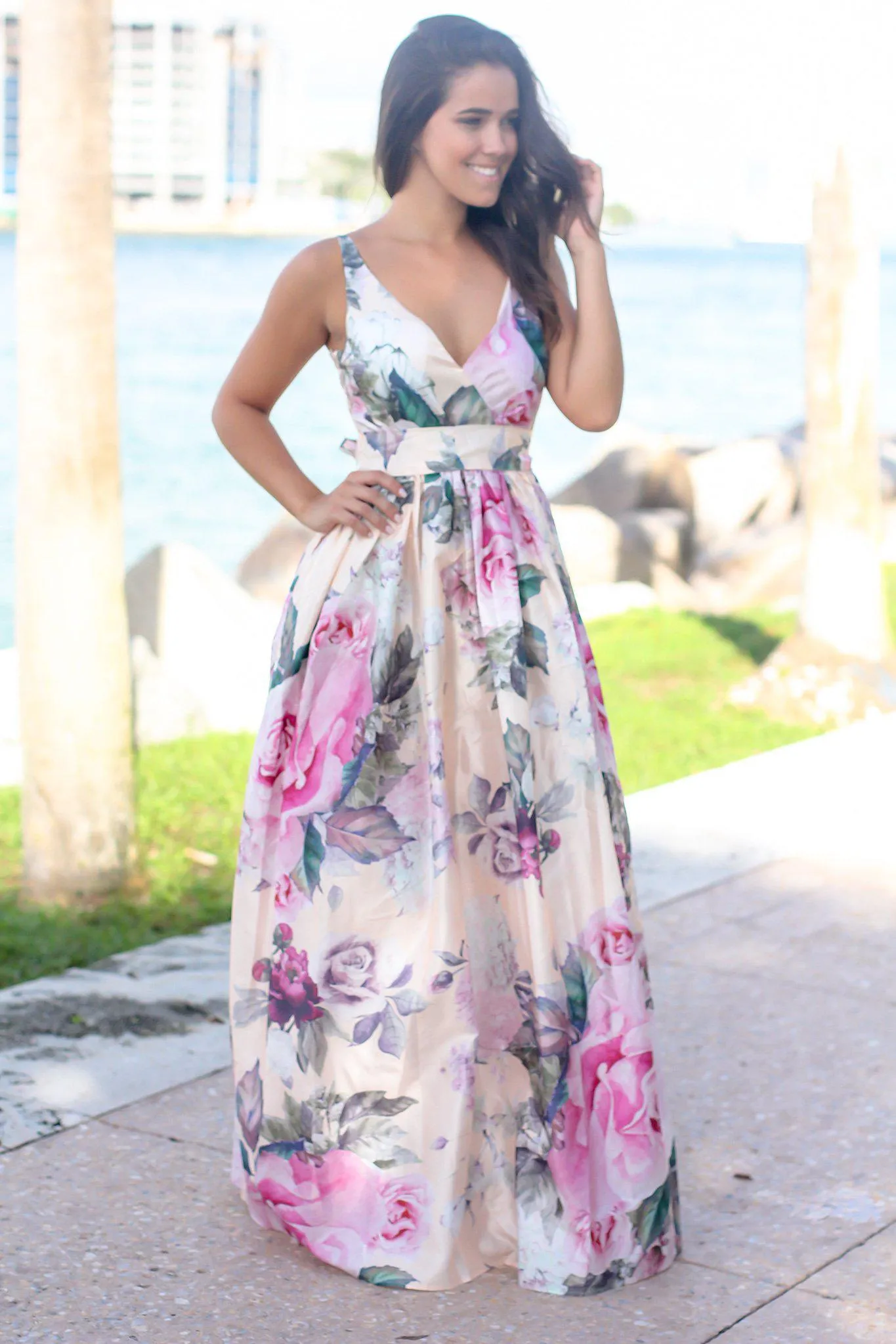 Pink Floral Printed Maxi Dress with Lace Back