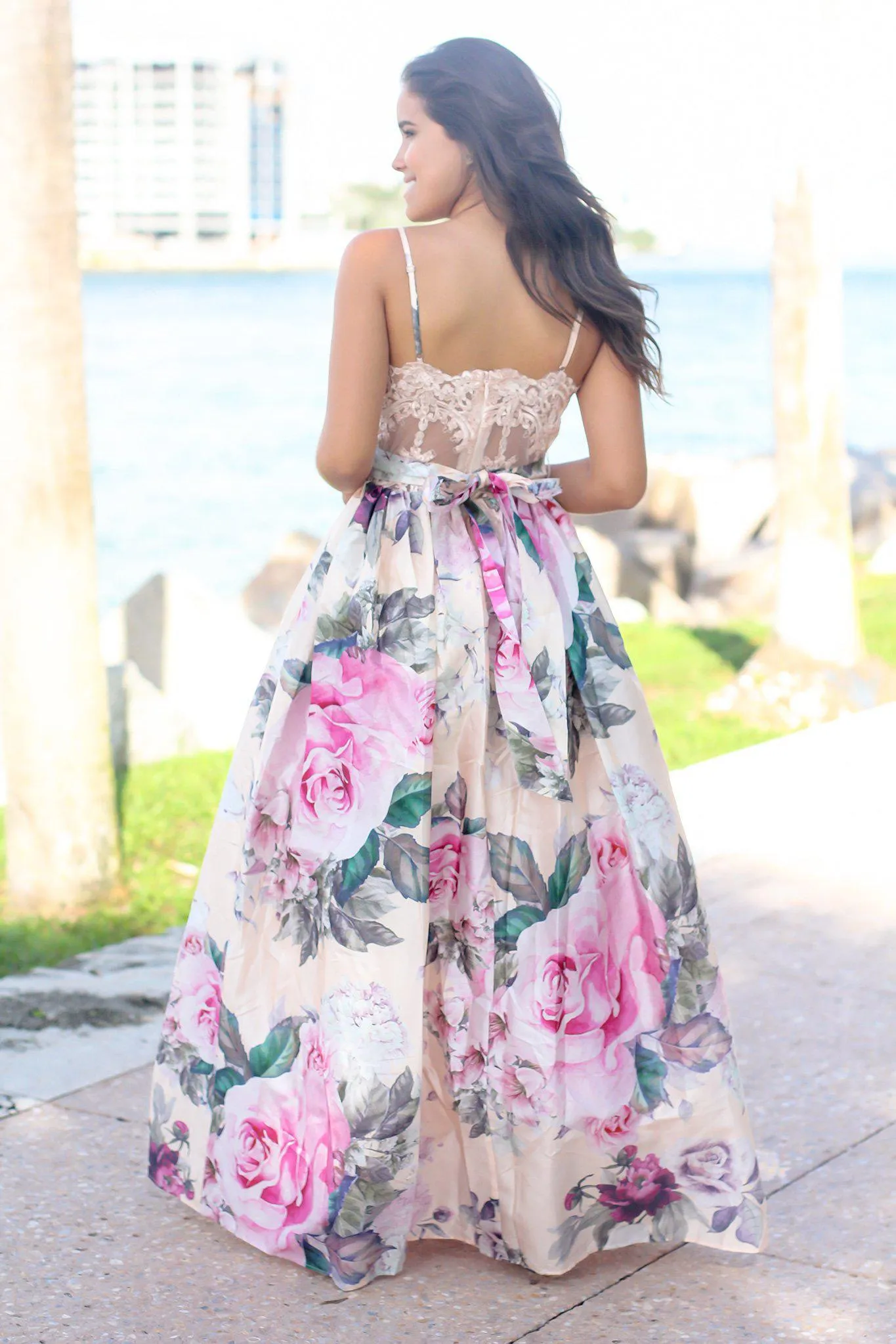 Pink Floral Printed Maxi Dress with Lace Back