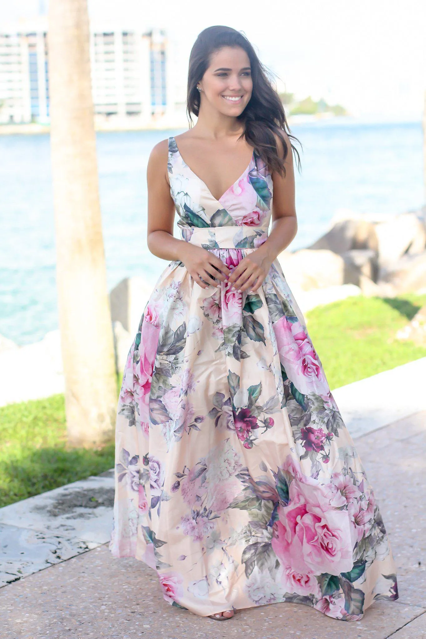 Pink Floral Printed Maxi Dress with Lace Back