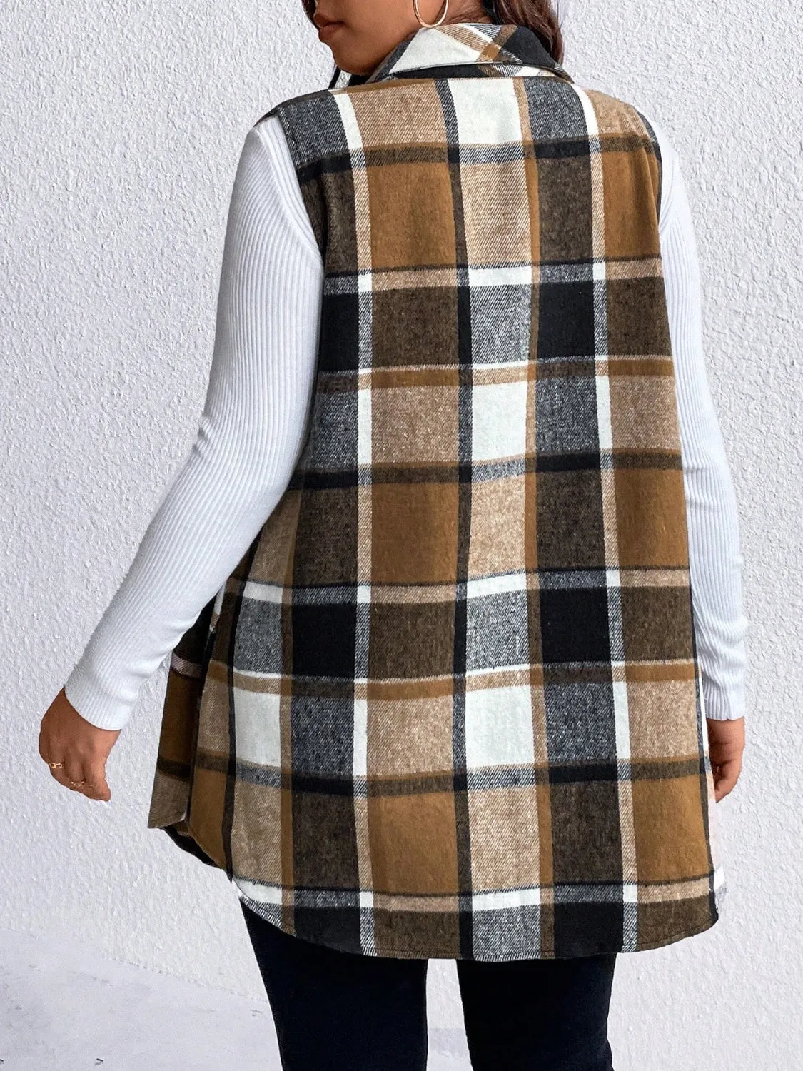 Pocketed Plaid Button Up Vest Coat Plus Size