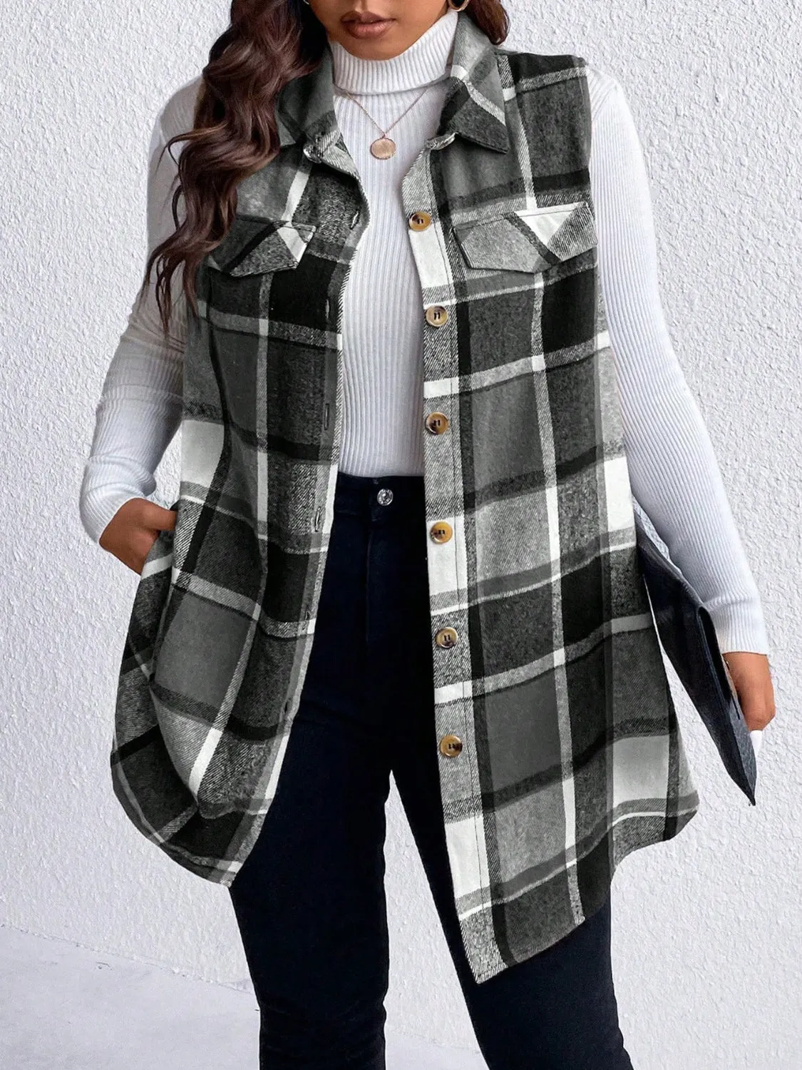 Pocketed Plaid Button Up Vest Coat Plus Size