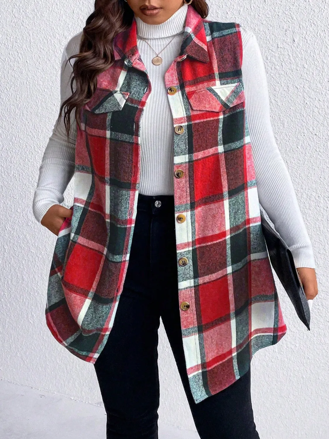 Pocketed Plaid Button Up Vest Coat Plus Size