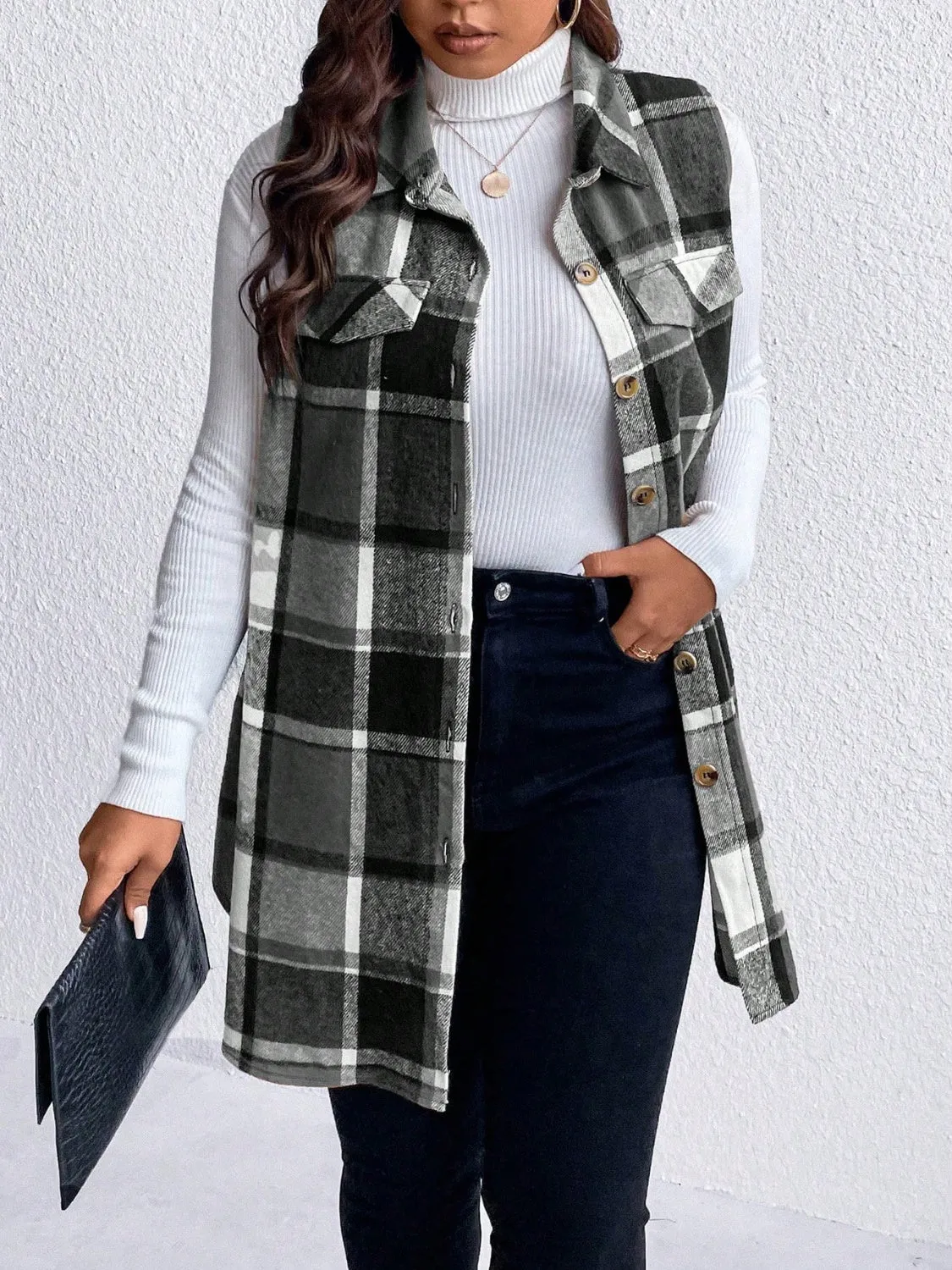 Pocketed Plaid Button Up Vest Coat Plus Size