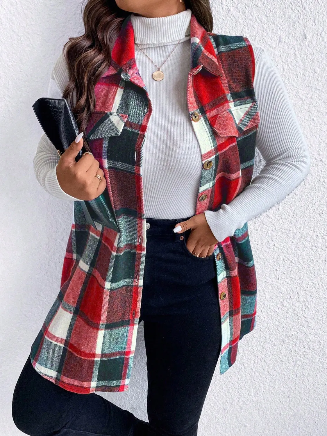 Pocketed Plaid Button Up Vest Coat Plus Size