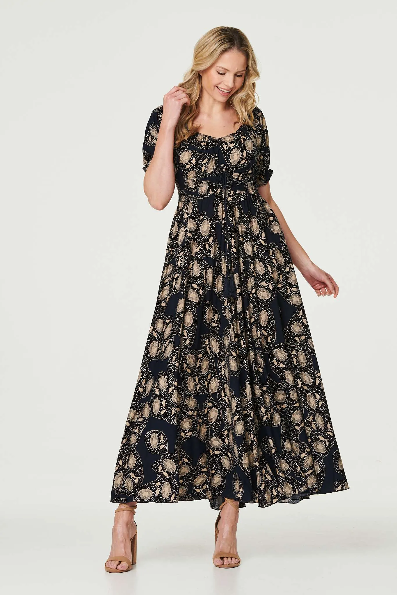 Printed Shirred Waist Maxi Dress