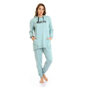 Printed Tokyo Long Hoodie & Pants Pajama Set - Mint