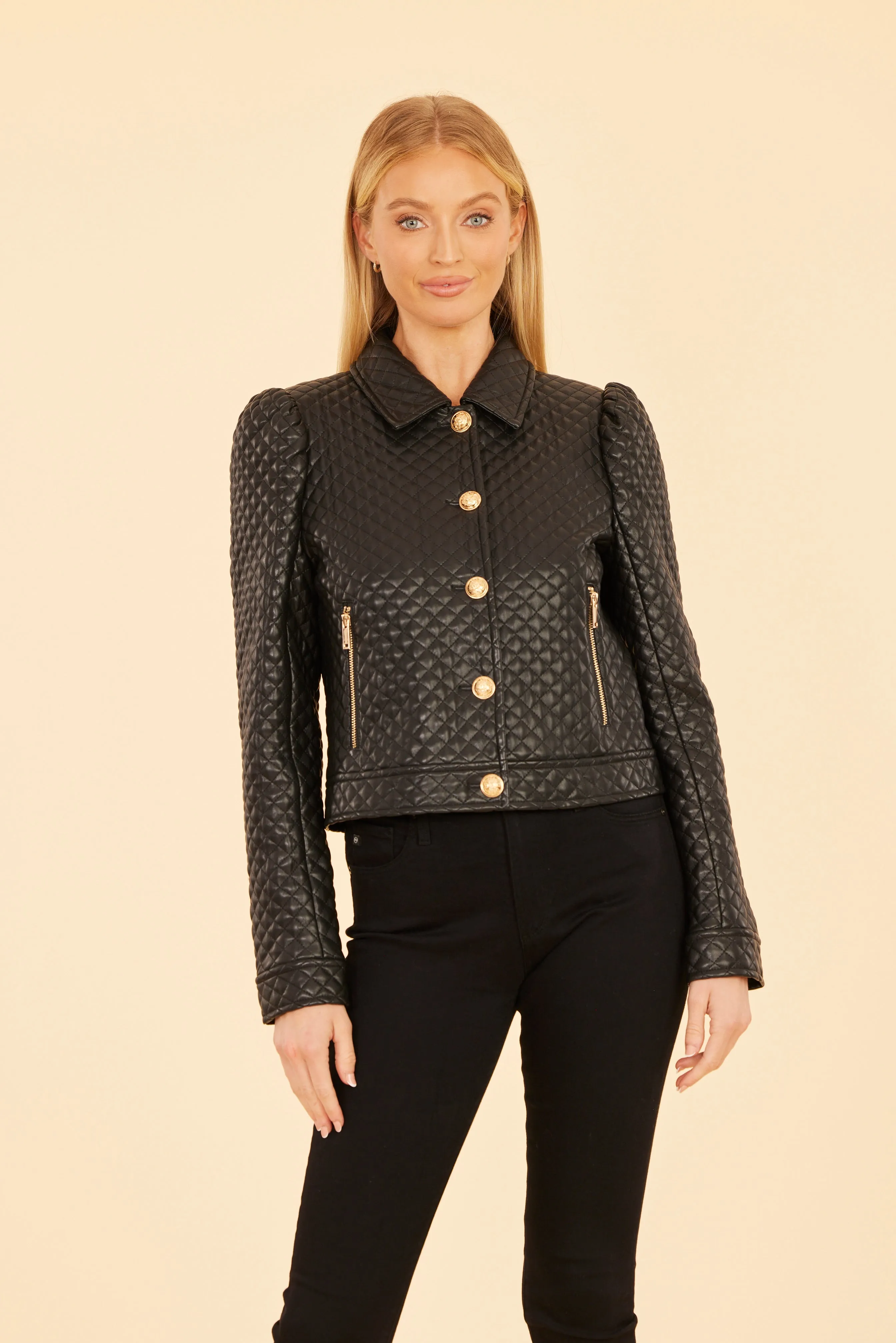 Quilted Faux Leather Puff Shoulder Jacket