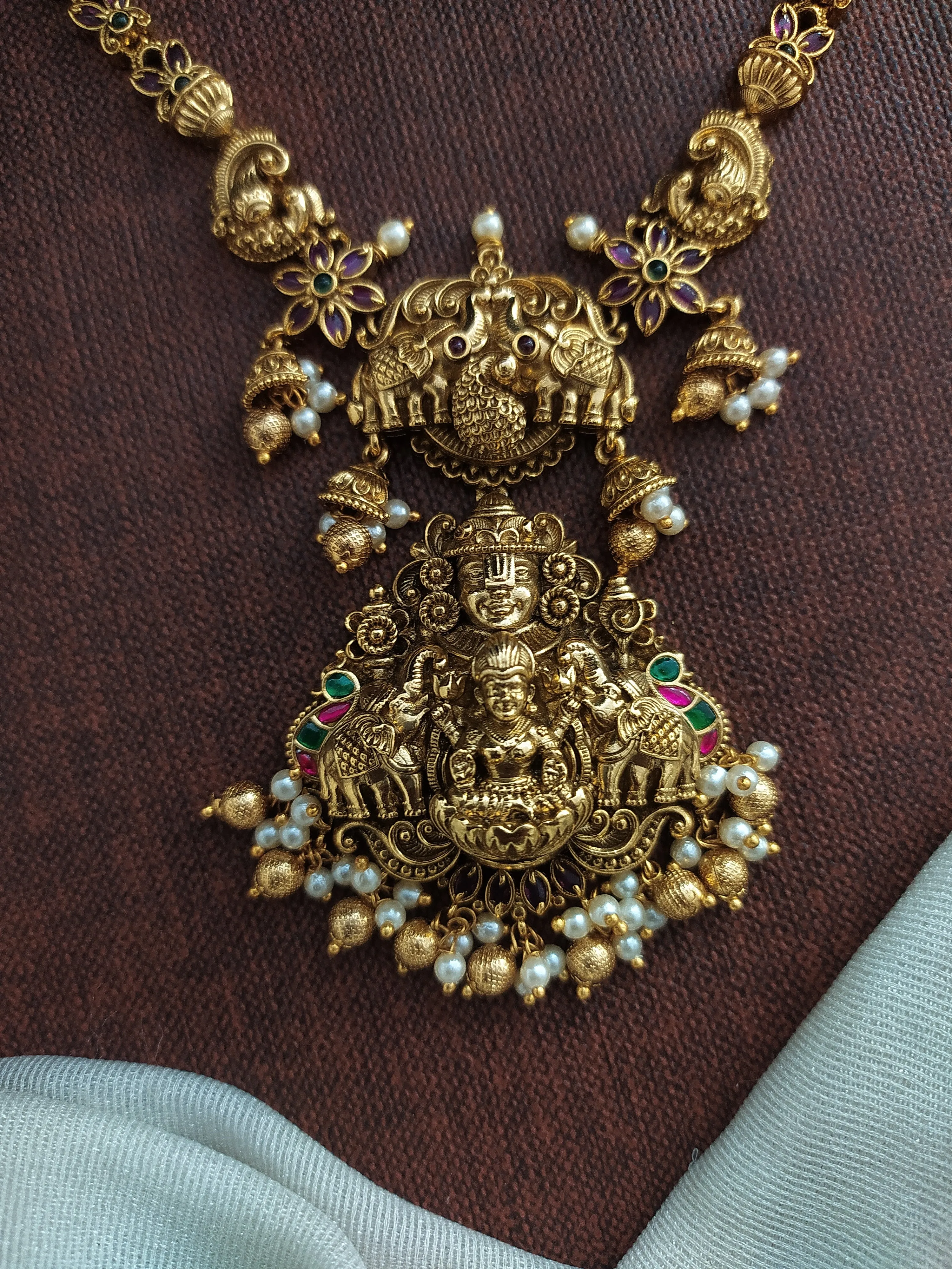 "Antique Lakshmi Necklace Set with Kundan Stones and Nagas Work"