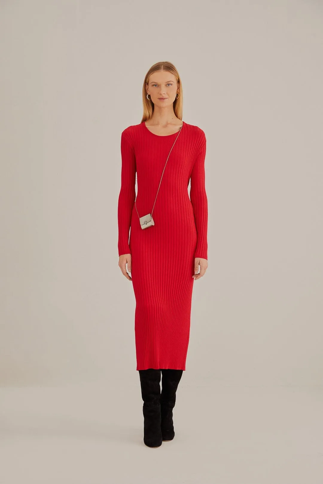 Red Knit Midi Dress